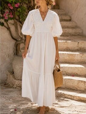 Hunter Bell Mercer Dress White Cotton Lace Collar Puff Sleeve Midi Maxi Dress L